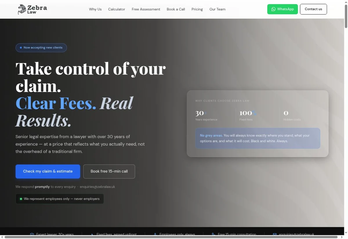 Zebra Law website snapshot with its introduction, clear fees and consultation links